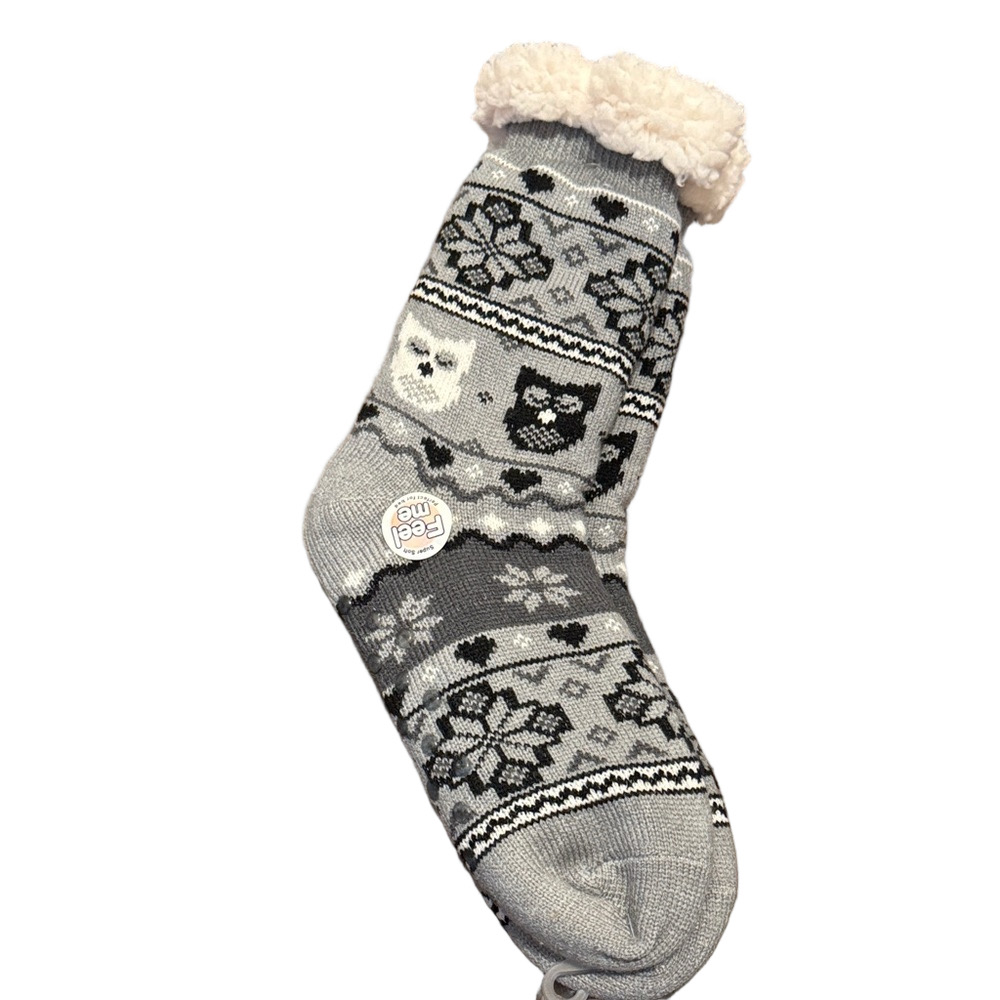 Thermax Cozy Sherpa Non-Skid Slipper Socks with Owl and Snowflake Pattern NWOT